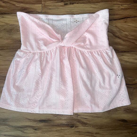 None Tops - Pink Eyelet Tube Top Strapless Twist Front Babydoll Style Boho Cotton Size XS